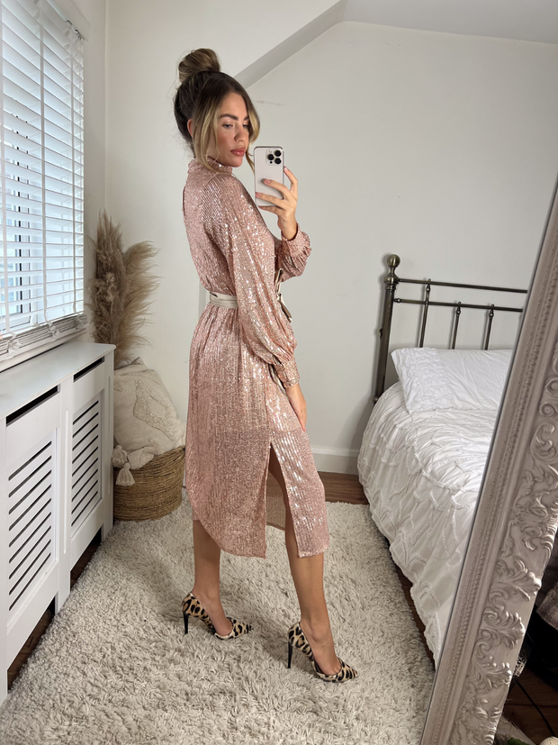 Roxi Rose Gold Sequin Midi Dress